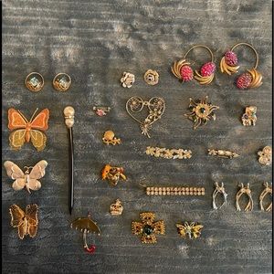 Vintage 1940s/1950s pins, 3 clip earrings, hairpin